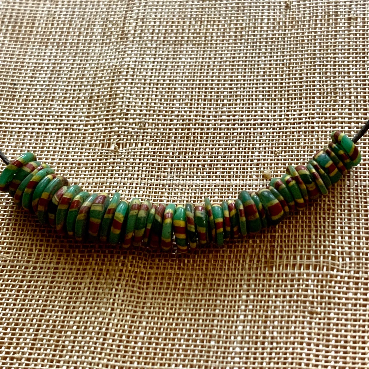 40 Antique Eja Beads, Green with Stripes