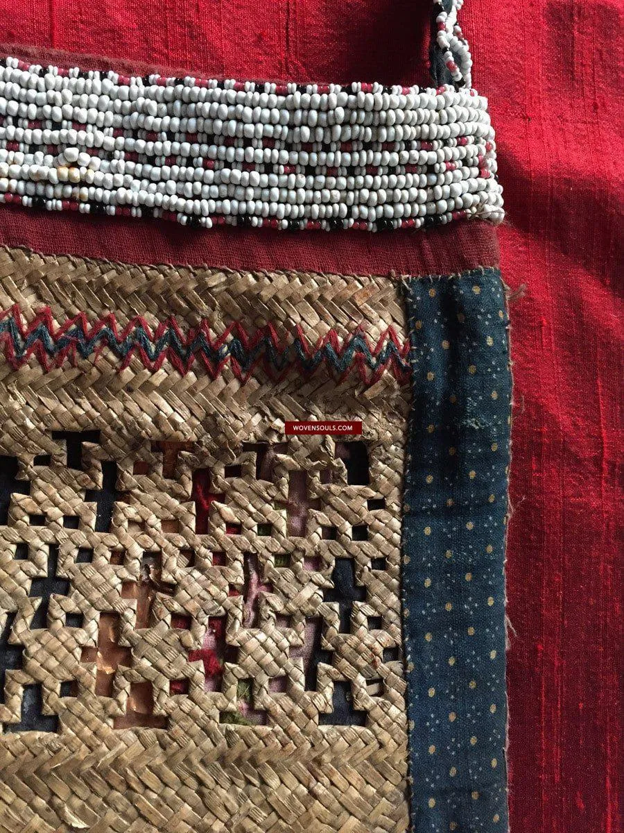 892 SOLD Antique Beaded Batak Woven Rattan Matted Bag