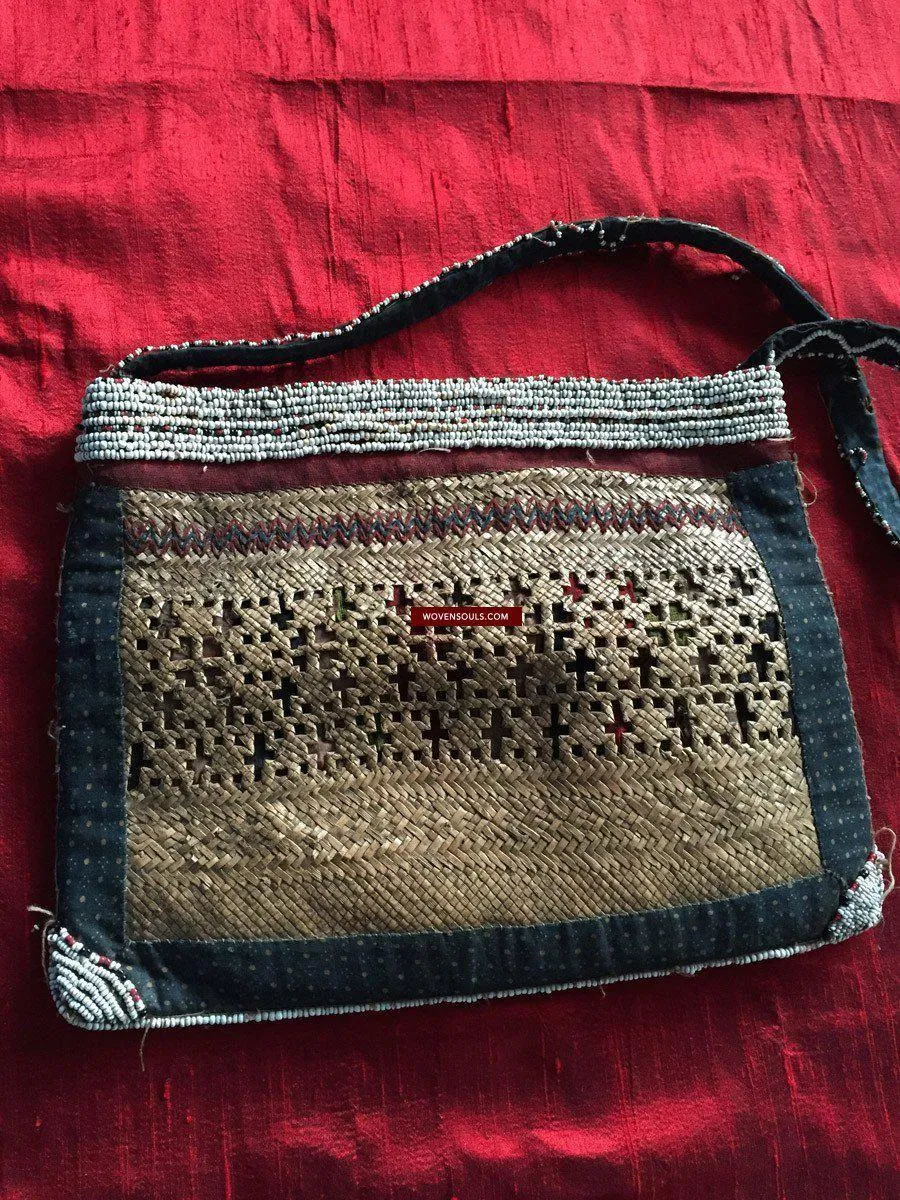 892 SOLD Antique Beaded Batak Woven Rattan Matted Bag