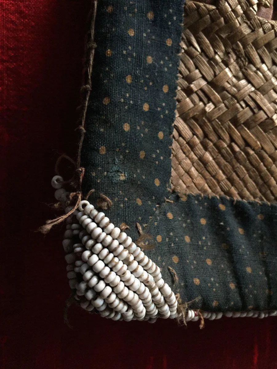 892 SOLD Antique Beaded Batak Woven Rattan Matted Bag