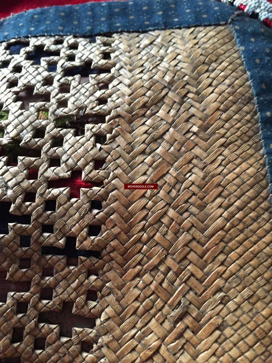 892 SOLD Antique Beaded Batak Woven Rattan Matted Bag