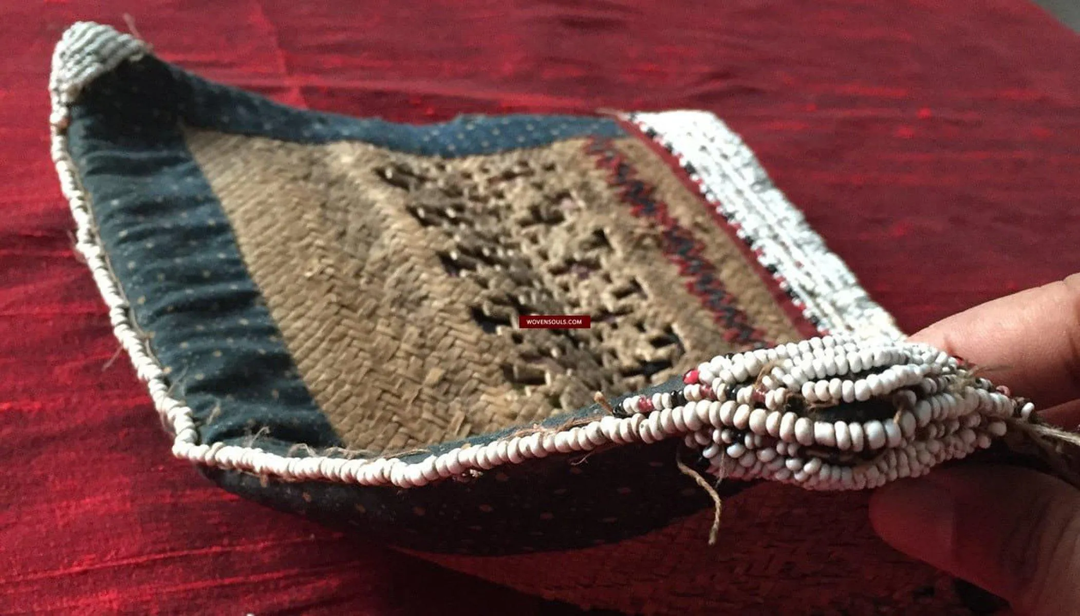 892 SOLD Antique Beaded Batak Woven Rattan Matted Bag