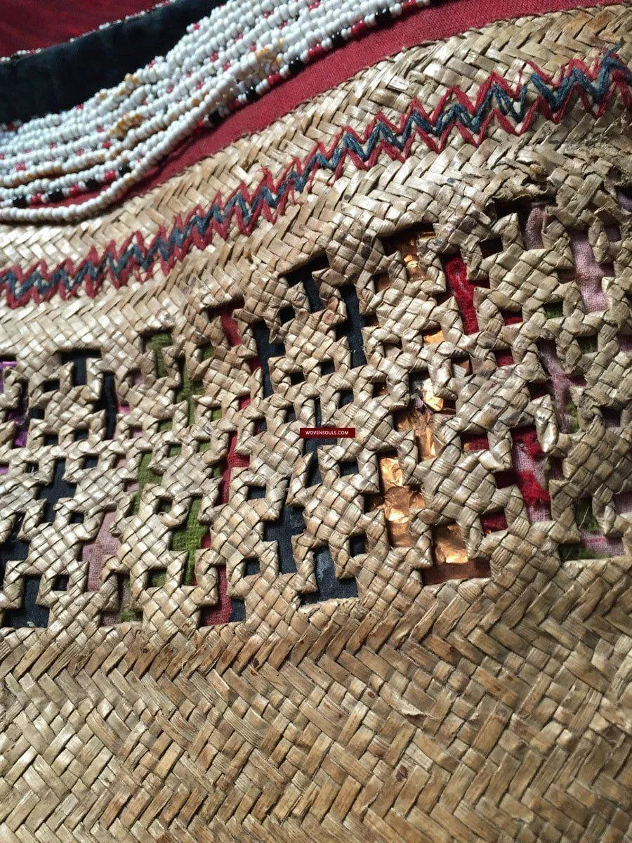 892 SOLD Antique Beaded Batak Woven Rattan Matted Bag