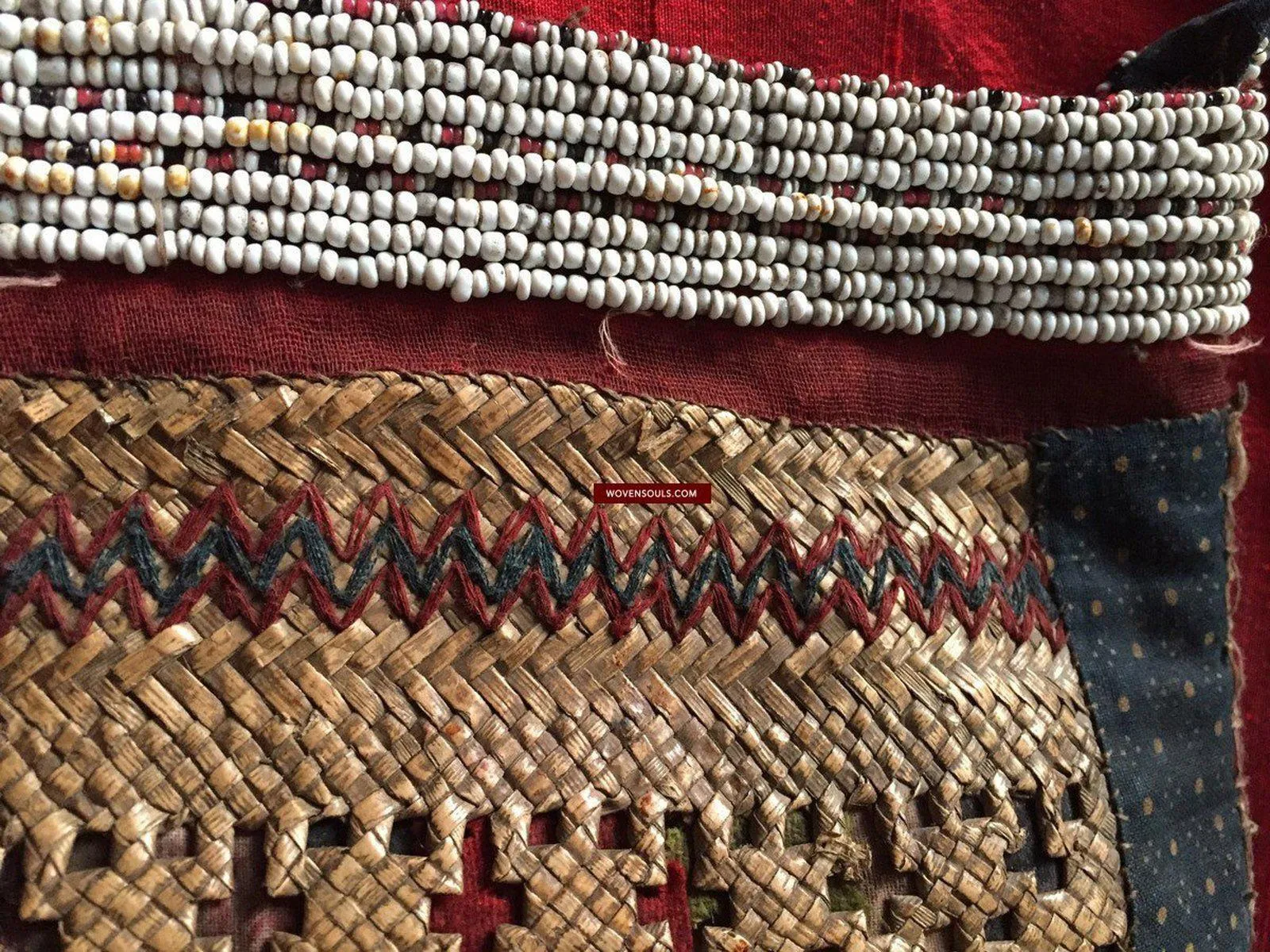 892 SOLD Antique Beaded Batak Woven Rattan Matted Bag