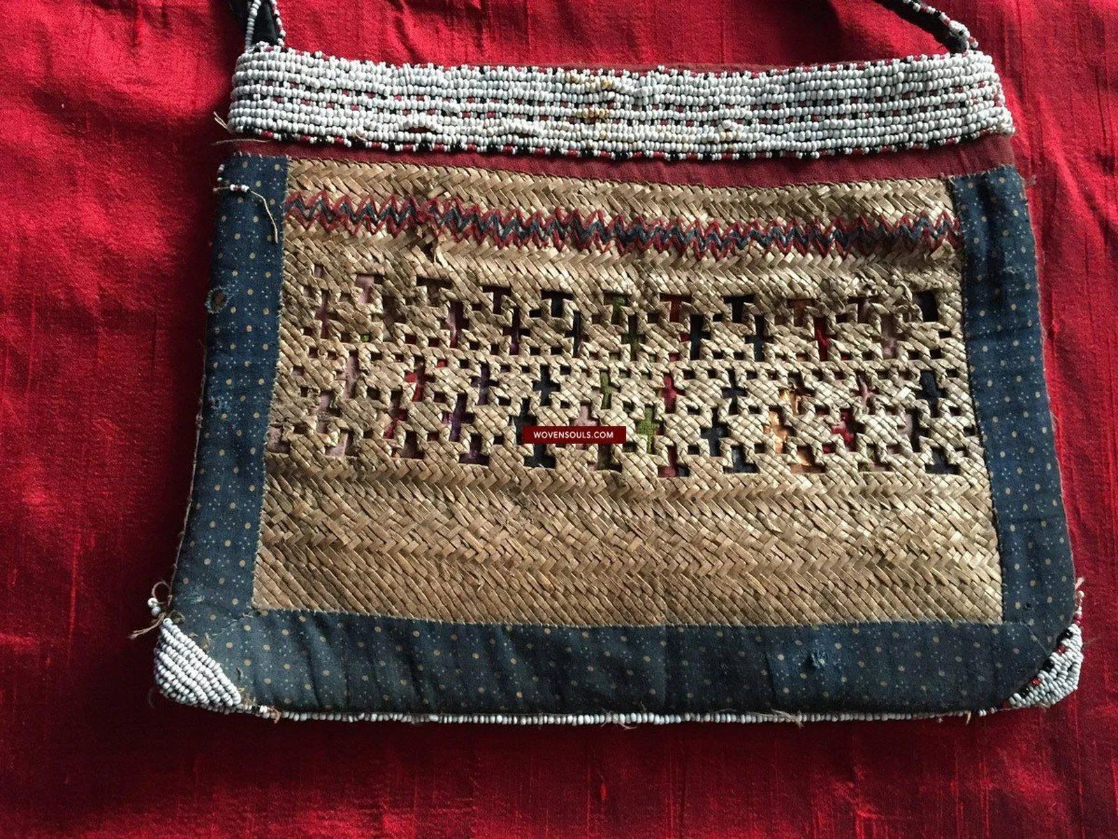 892 SOLD Antique Beaded Batak Woven Rattan Matted Bag
