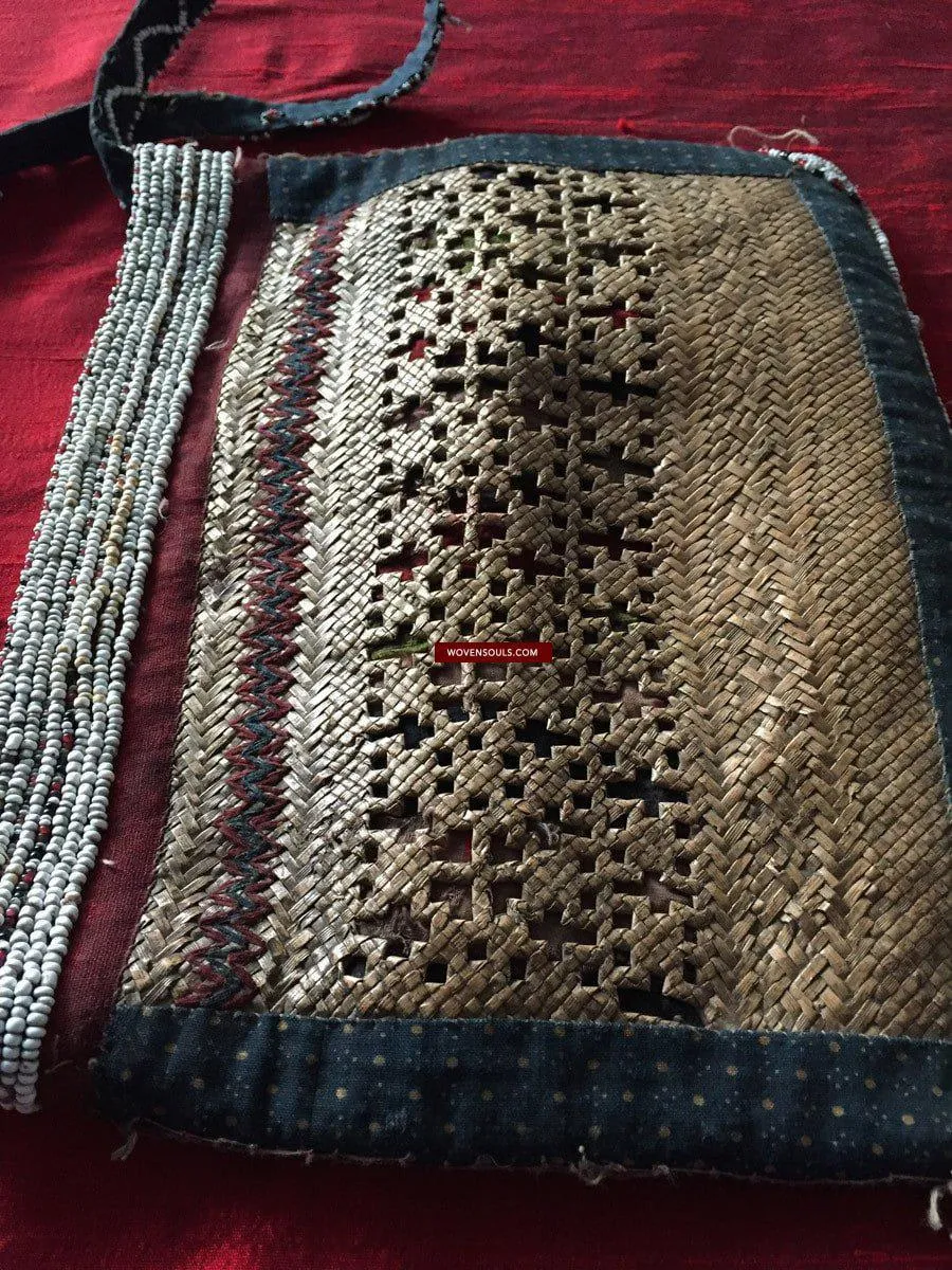 892 SOLD Antique Beaded Batak Woven Rattan Matted Bag