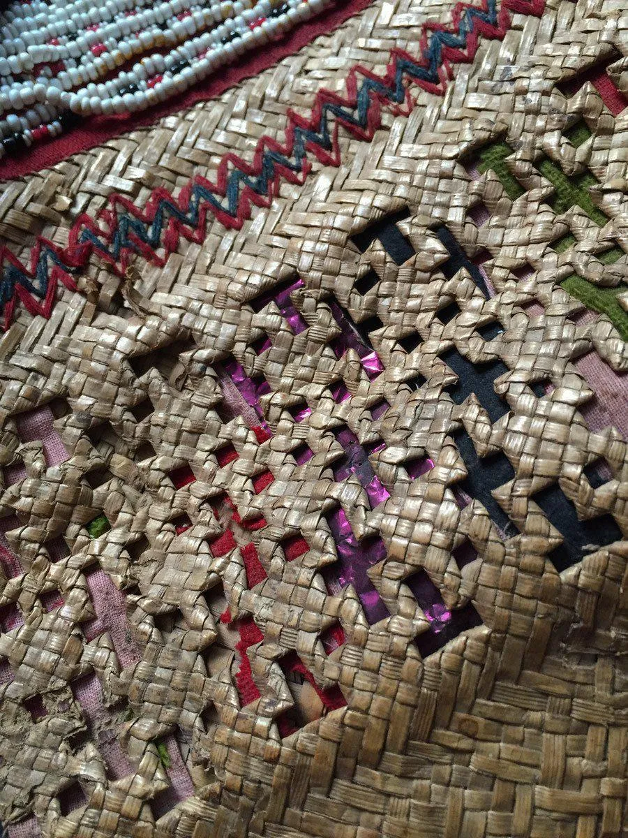892 SOLD Antique Beaded Batak Woven Rattan Matted Bag