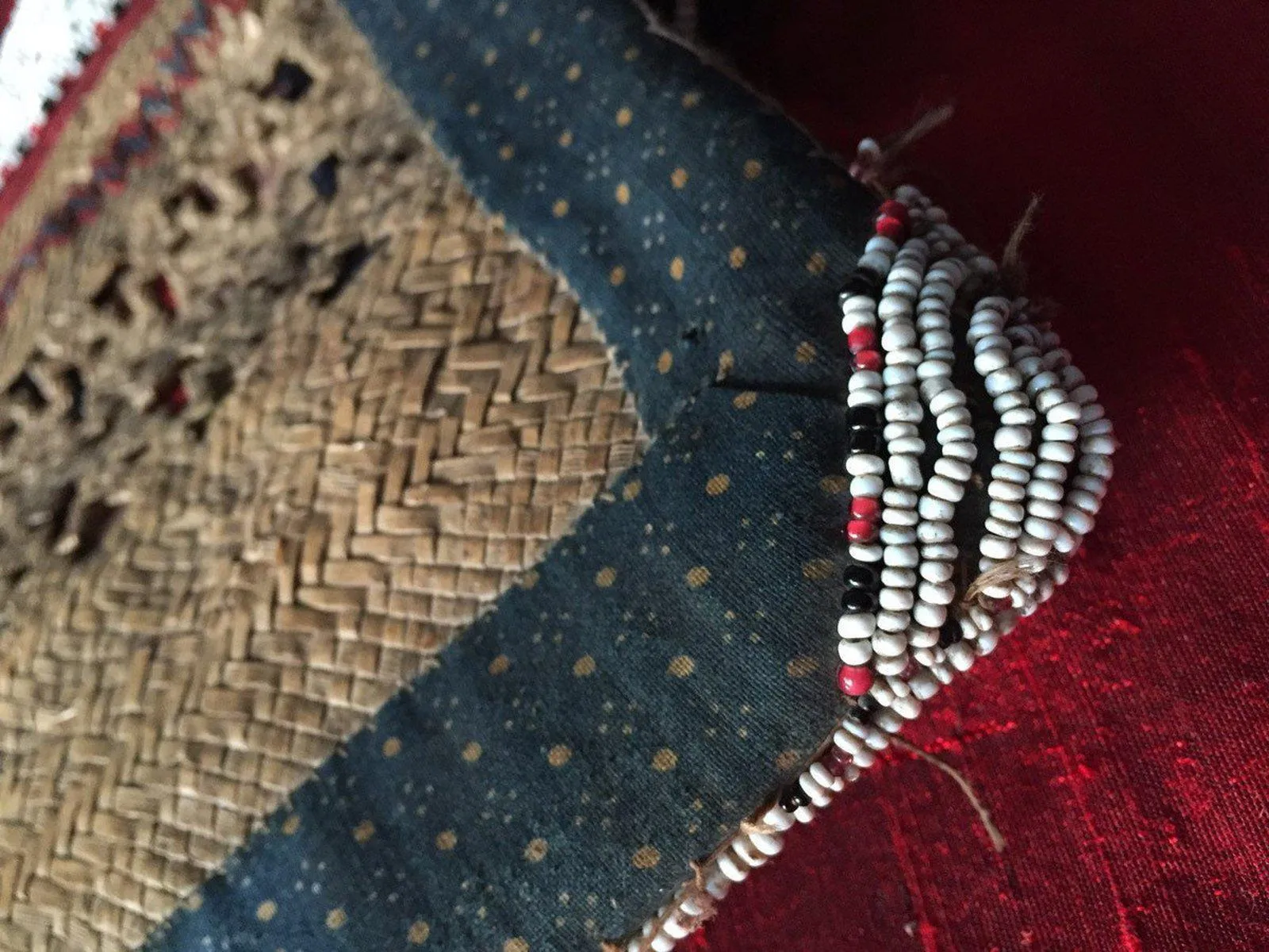 892 SOLD Antique Beaded Batak Woven Rattan Matted Bag