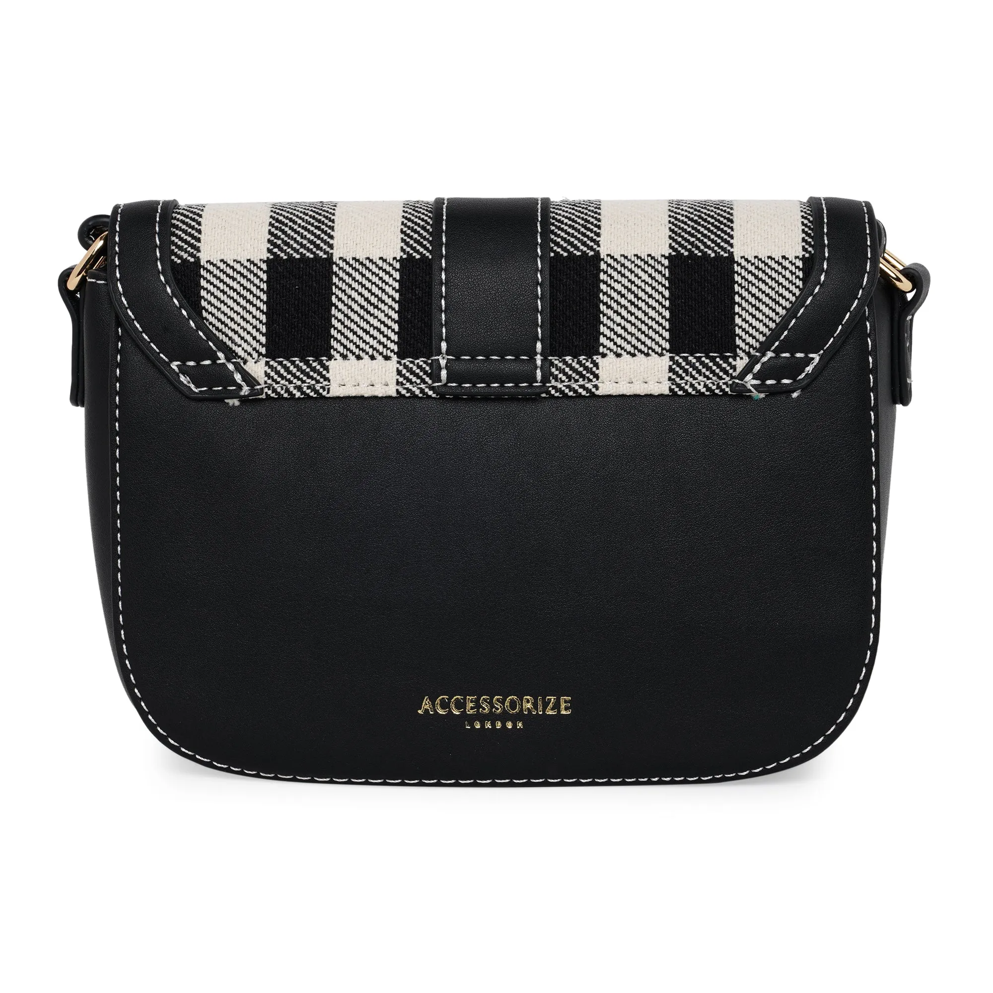 Accessorize London Women's Faux Leather Cotton Black & White Buckle Check Sling Bag