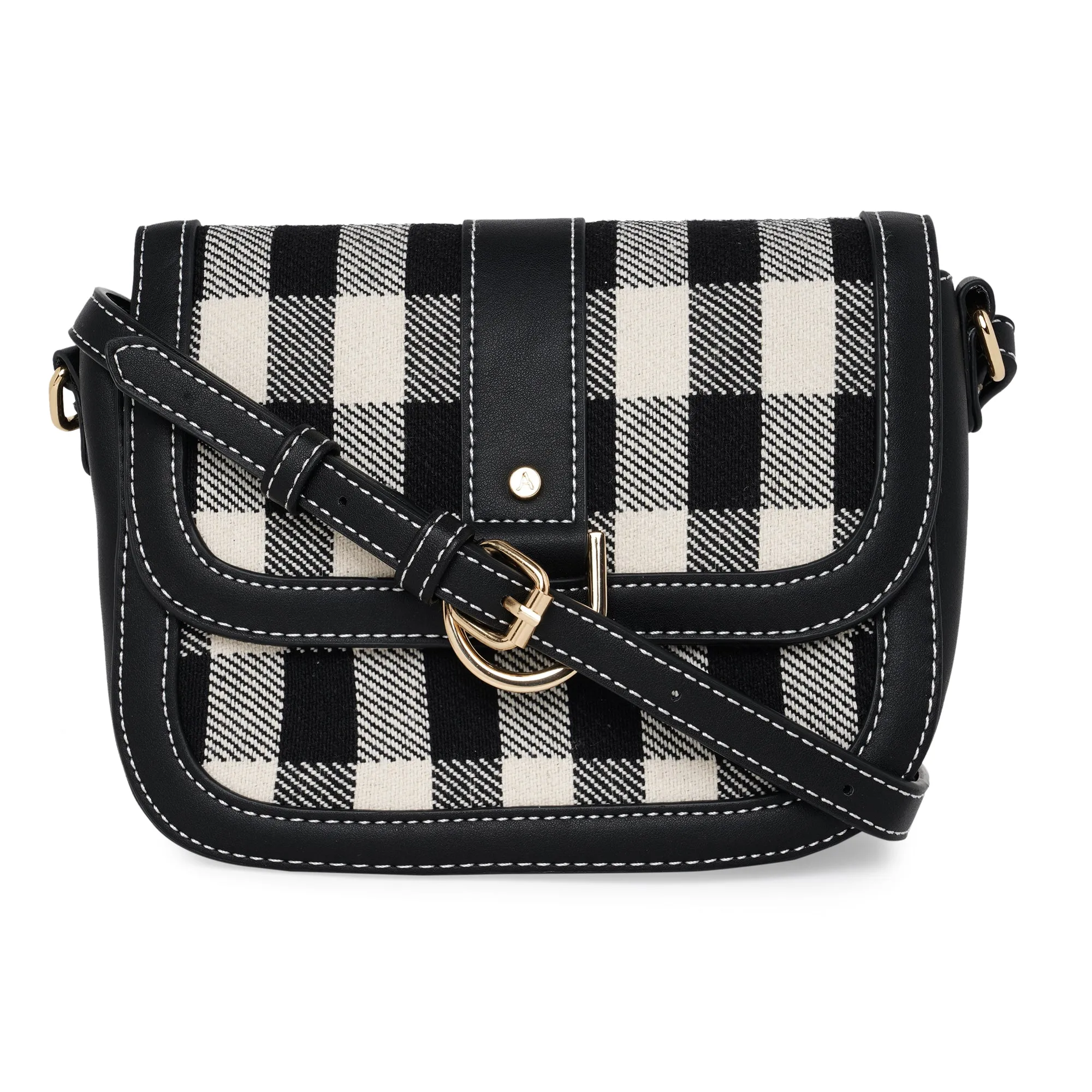 Accessorize London Women's Faux Leather Cotton Black & White Buckle Check Sling Bag