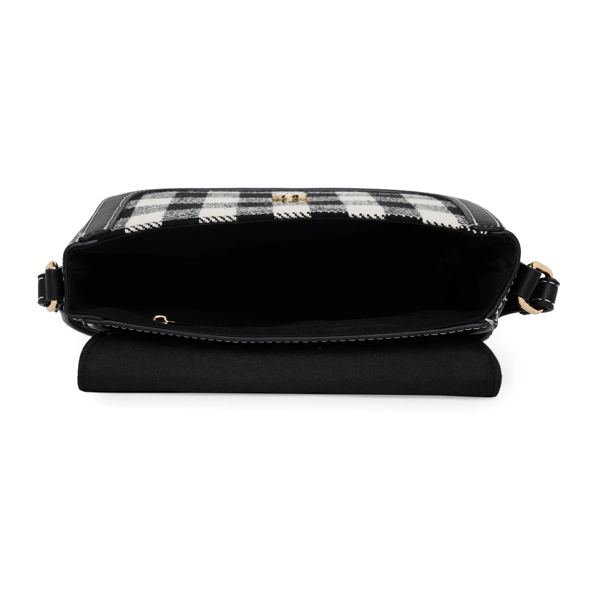 Accessorize London Women's Faux Leather Cotton Black & White Buckle Check Sling Bag