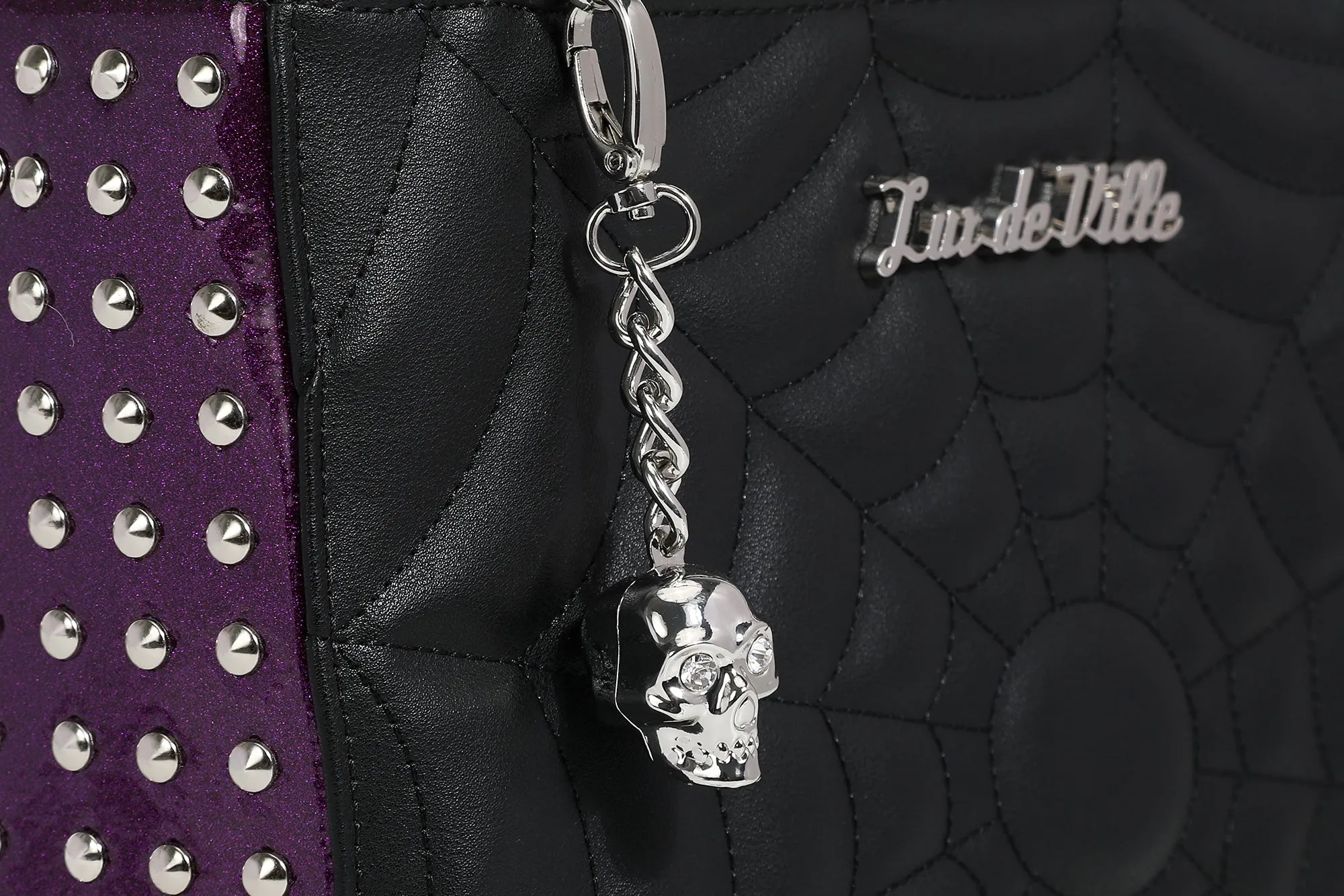 Black Matte with Poisonous Purple Sparkle Spider Web Medium Tote