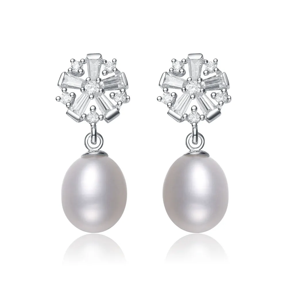 Cubic Zirconia Sterling Silver Rhodium Plated Pearl Drop Earrings