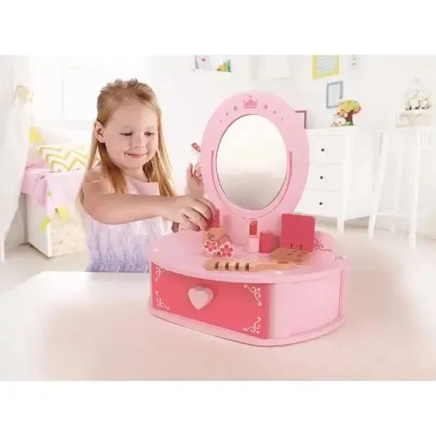 Hape Petite Pink Vanity Toy Wooden Beauty Counter w/ Mirror and Accessories