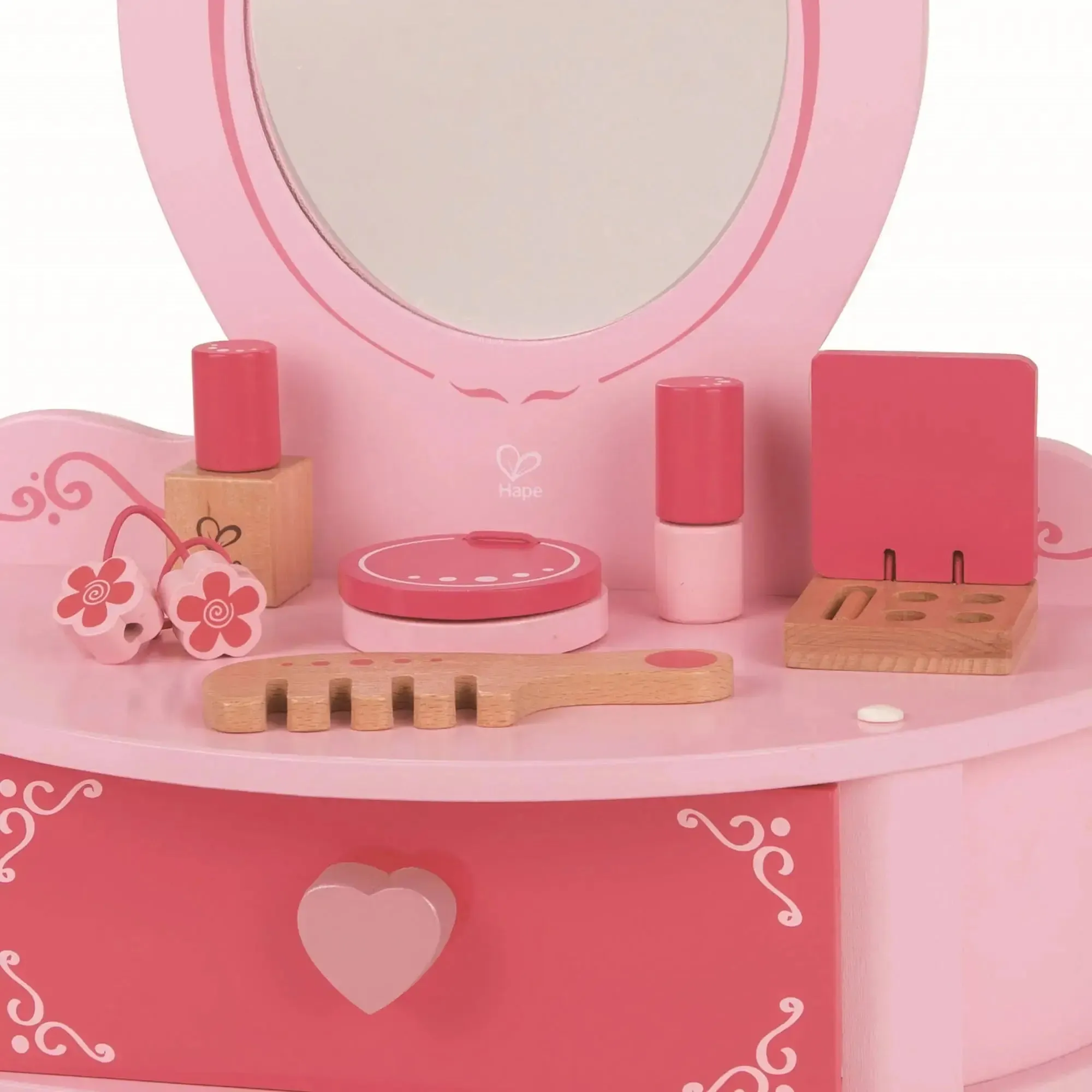 Hape Petite Pink Vanity Toy Wooden Beauty Counter w/ Mirror and Accessories