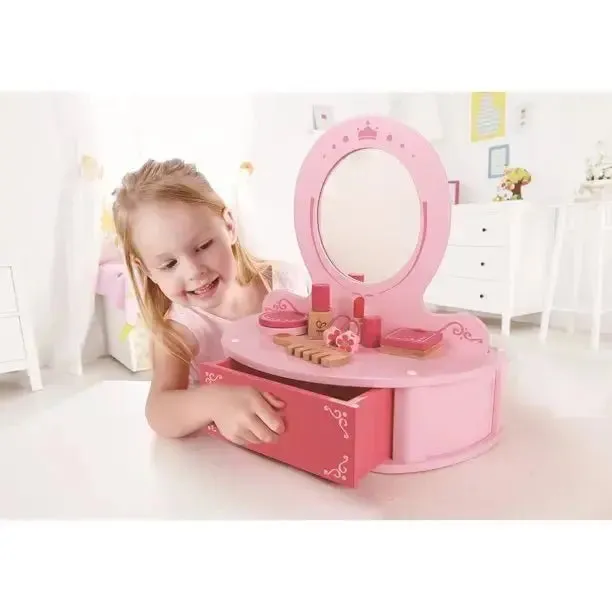 Hape Petite Pink Vanity Toy Wooden Beauty Counter w/ Mirror and Accessories