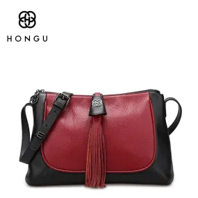 HONGU Genuine Cow Leather Women Shoulder Crossbody Bag Retro Tassels  Color Patchwork Female Messenger Bags Chain Hand Bag bolso