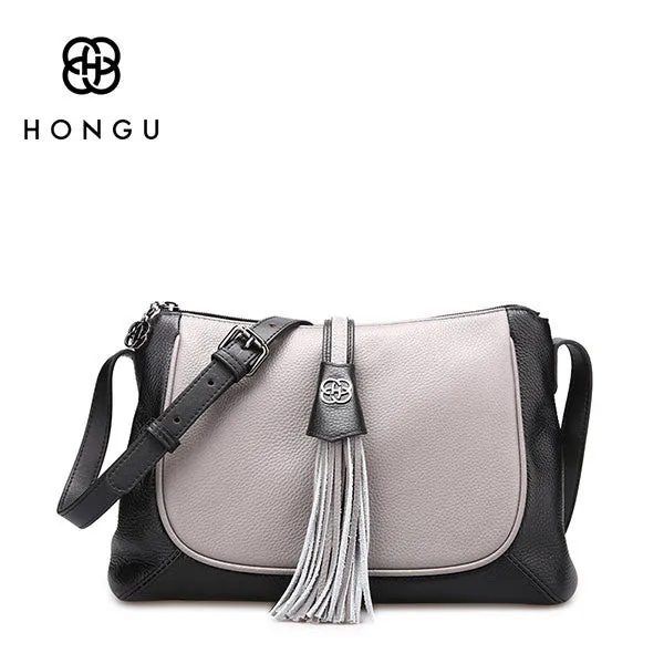 HONGU Genuine Cow Leather Women Shoulder Crossbody Bag Retro Tassels  Color Patchwork Female Messenger Bags Chain Hand Bag bolso