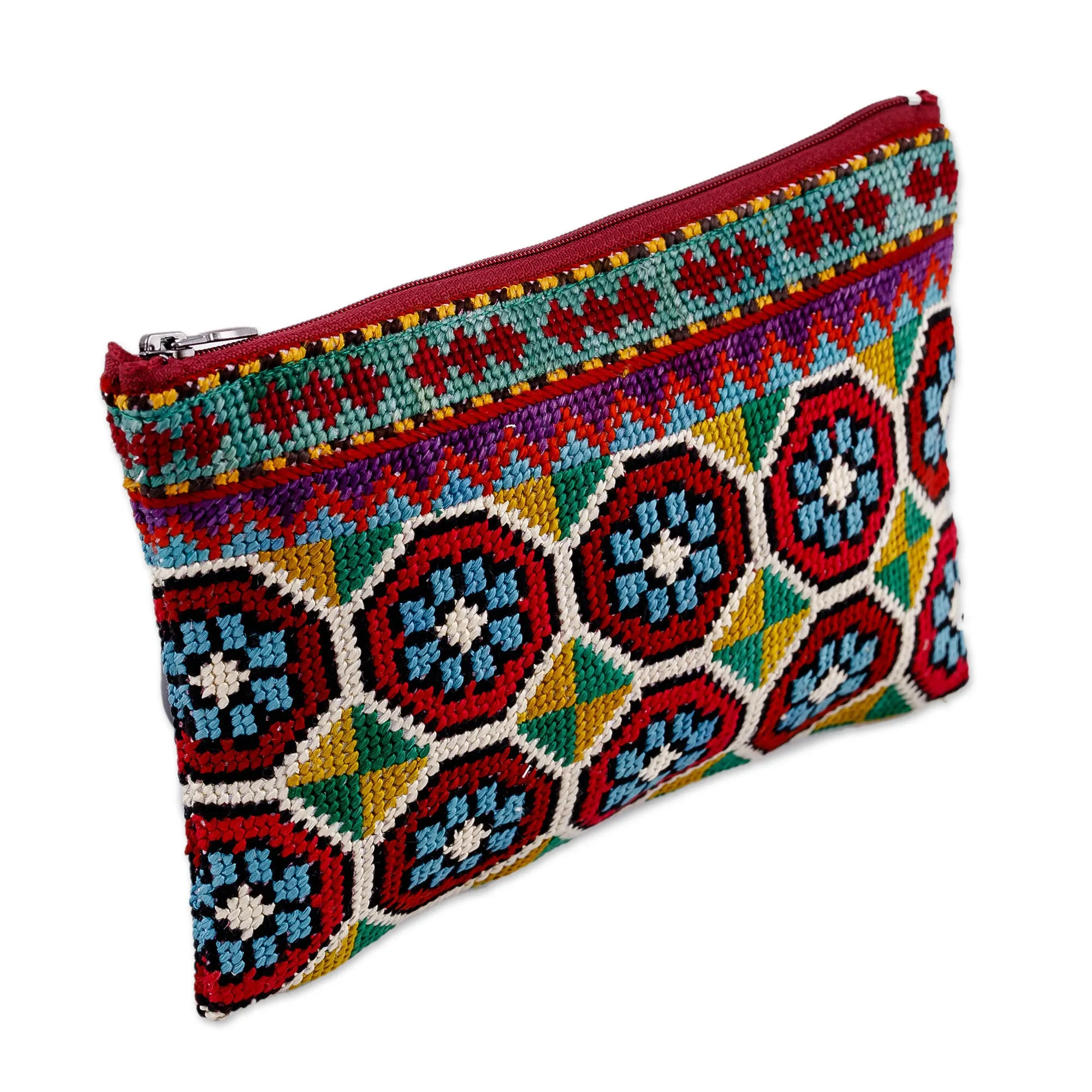 Iroki Embroidered Silk Cosmetic Bag in Vibrant Hues - Evening Intuition | NOVICA