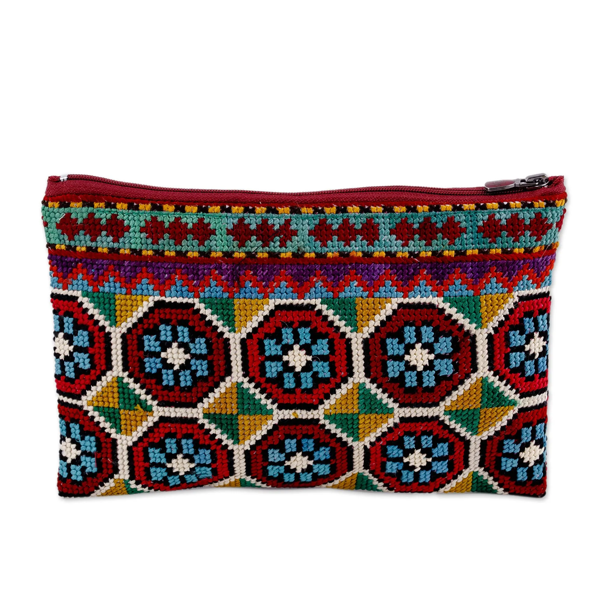Iroki Embroidered Silk Cosmetic Bag in Vibrant Hues - Evening Intuition | NOVICA