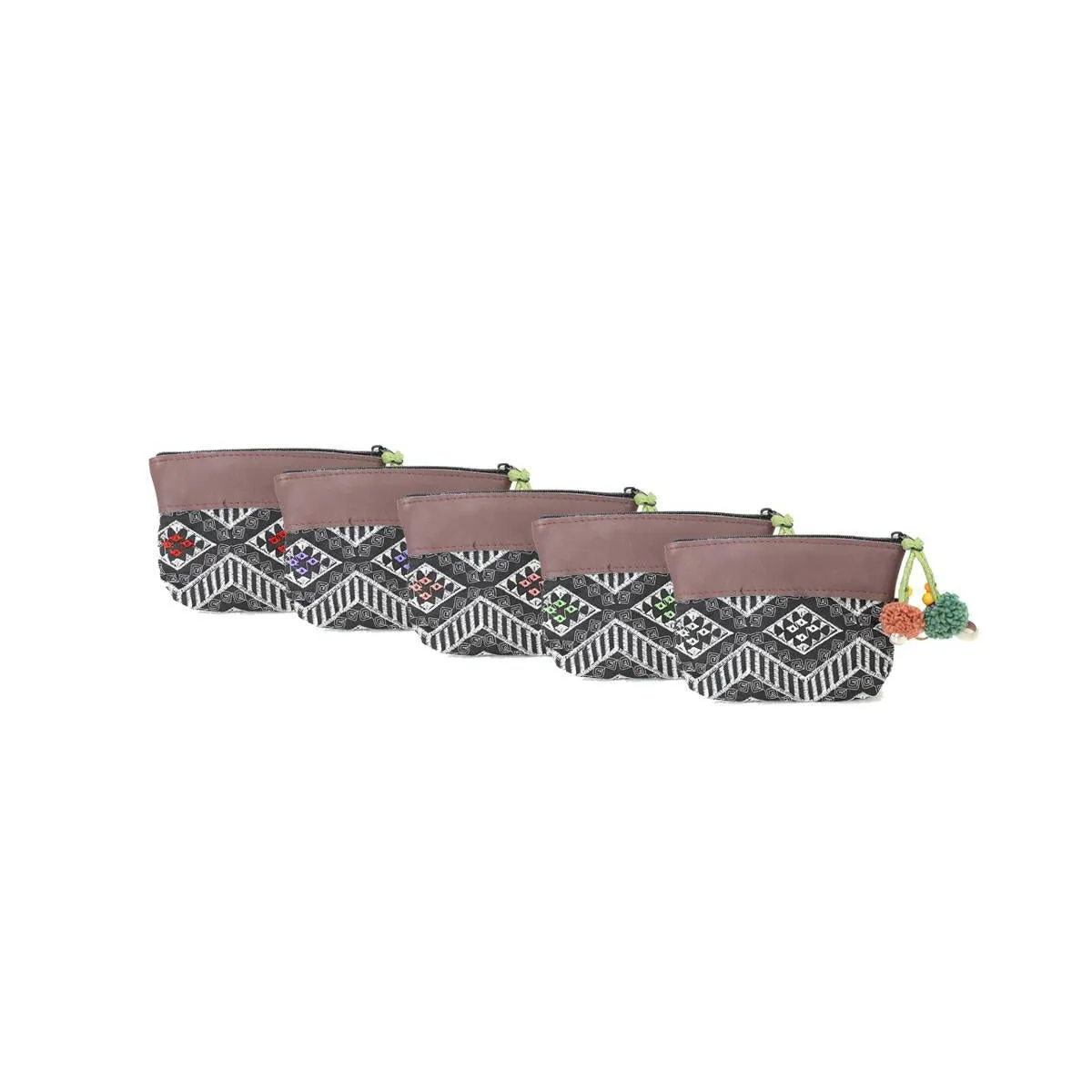 Leather Trim Embroidered Geometric Coin Purse  - Thailand