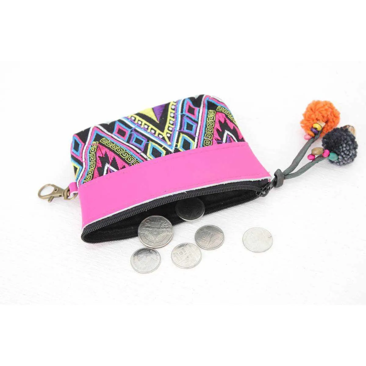 Leather Trim Embroidered Geometric Coin Purse  - Thailand