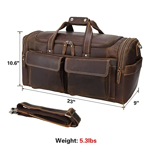 POLARE ORIGINAL Leather Duffle Bag - Brown, 23-inch Full Grain Leather, Large Capacity