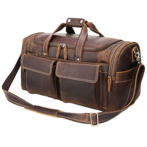 POLARE ORIGINAL Leather Duffle Bag - Brown, 23-inch Full Grain Leather, Large Capacity