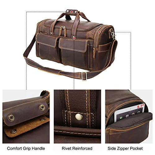POLARE ORIGINAL Leather Duffle Bag - Brown, 23-inch Full Grain Leather, Large Capacity