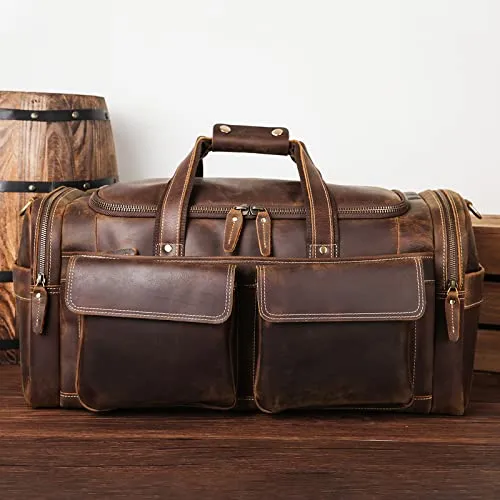 POLARE ORIGINAL Leather Duffle Bag - Brown, 23-inch Full Grain Leather, Large Capacity