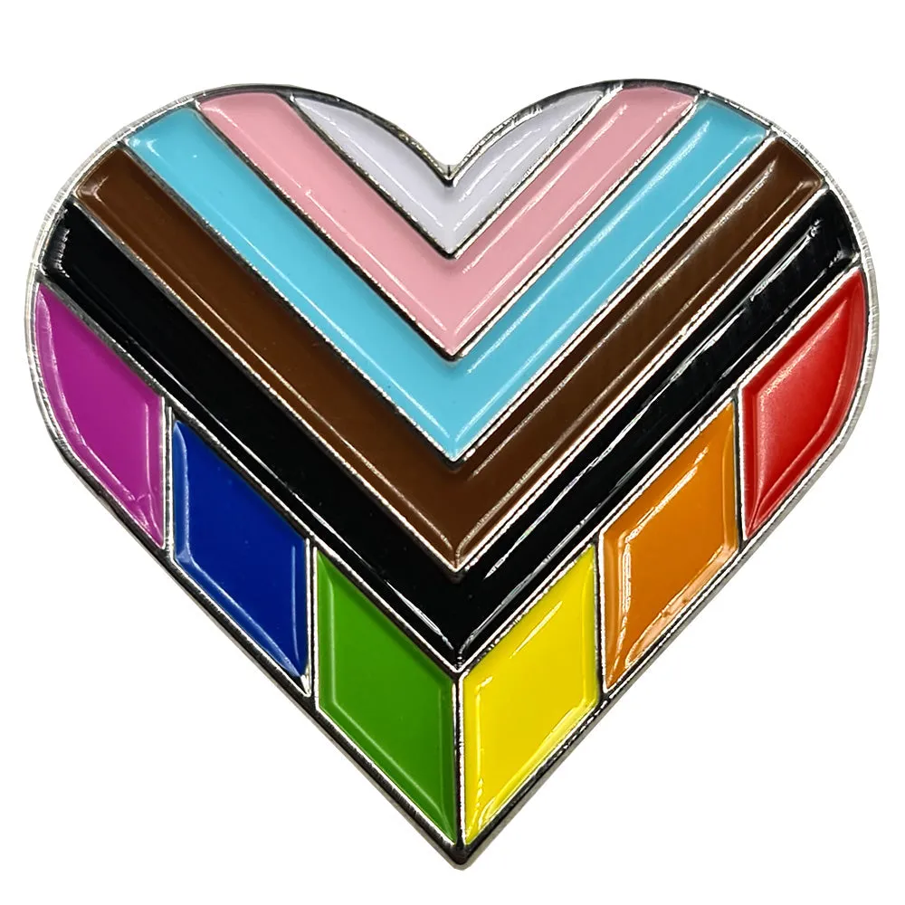 Progress Pride Silver Metal Heart Lapel Pin Badge