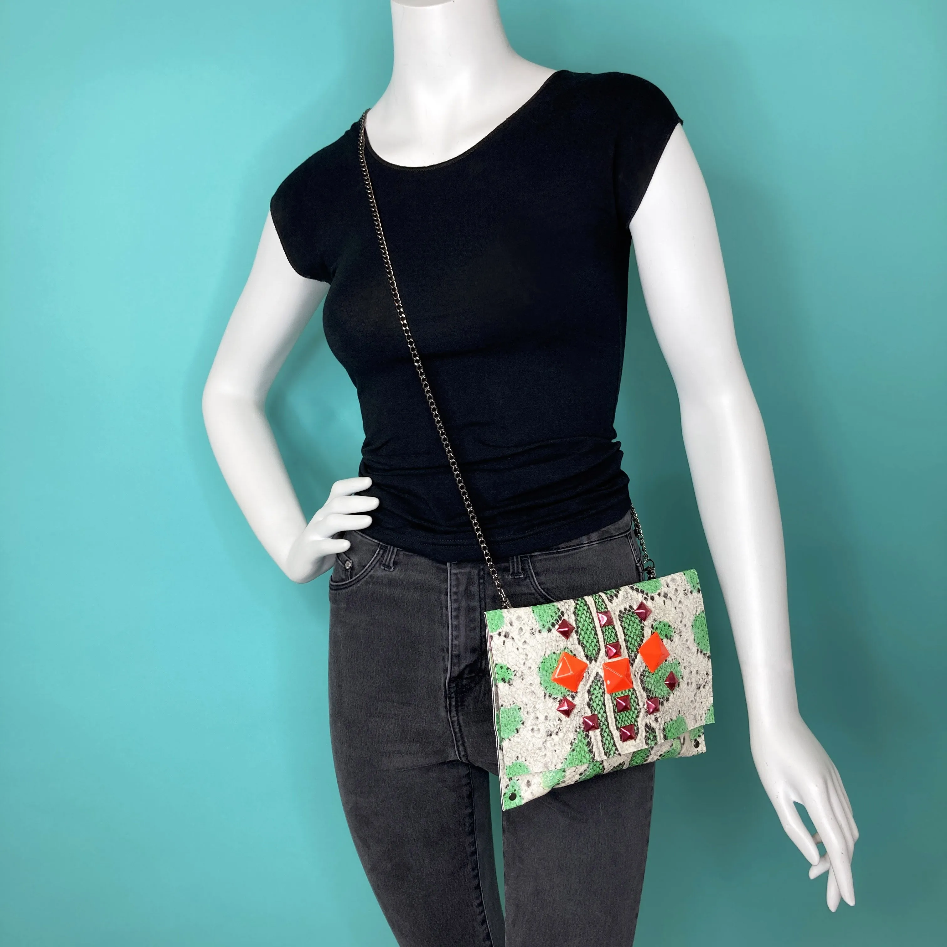 Seafoam Green snake-print Studded Clutch