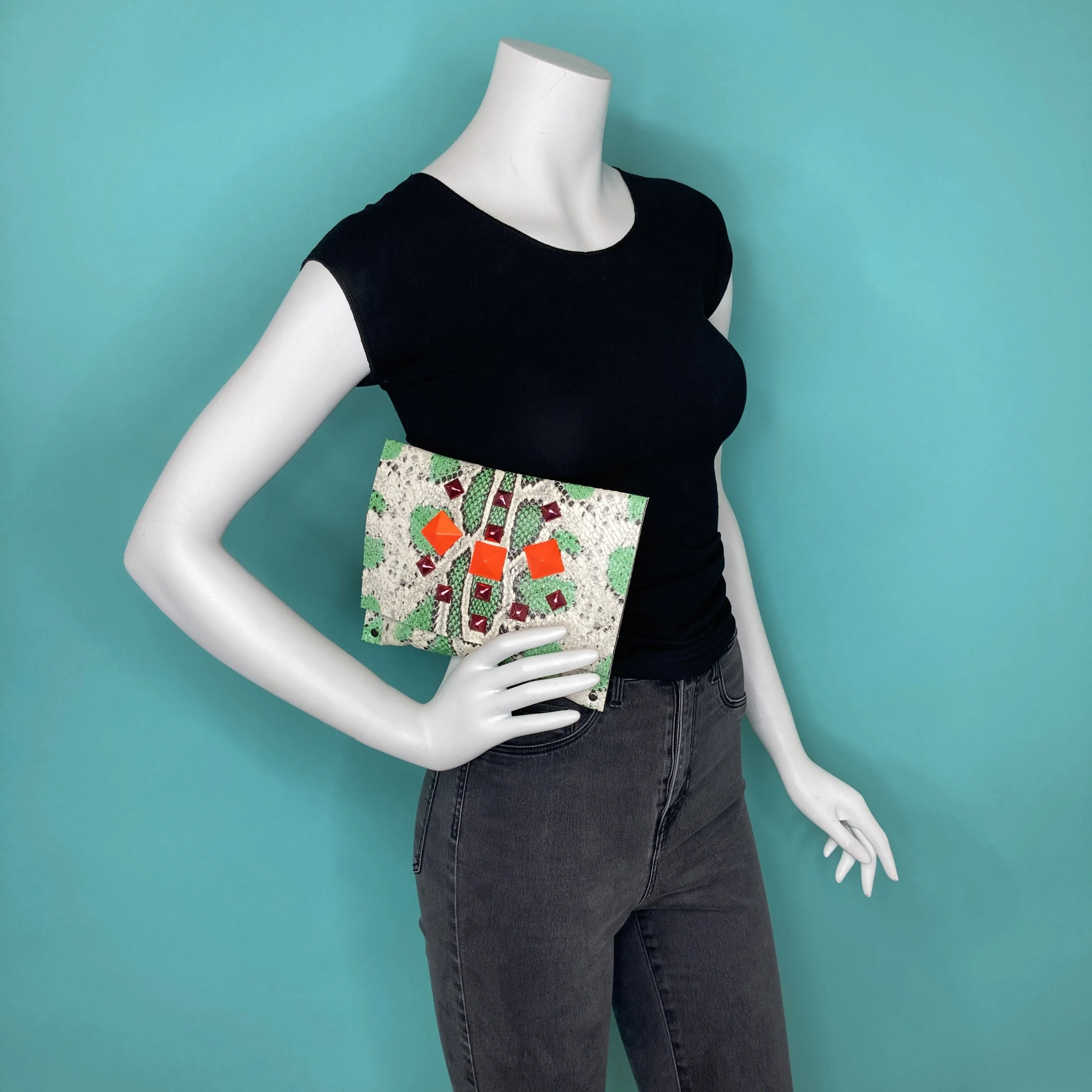 Seafoam Green snake-print Studded Clutch