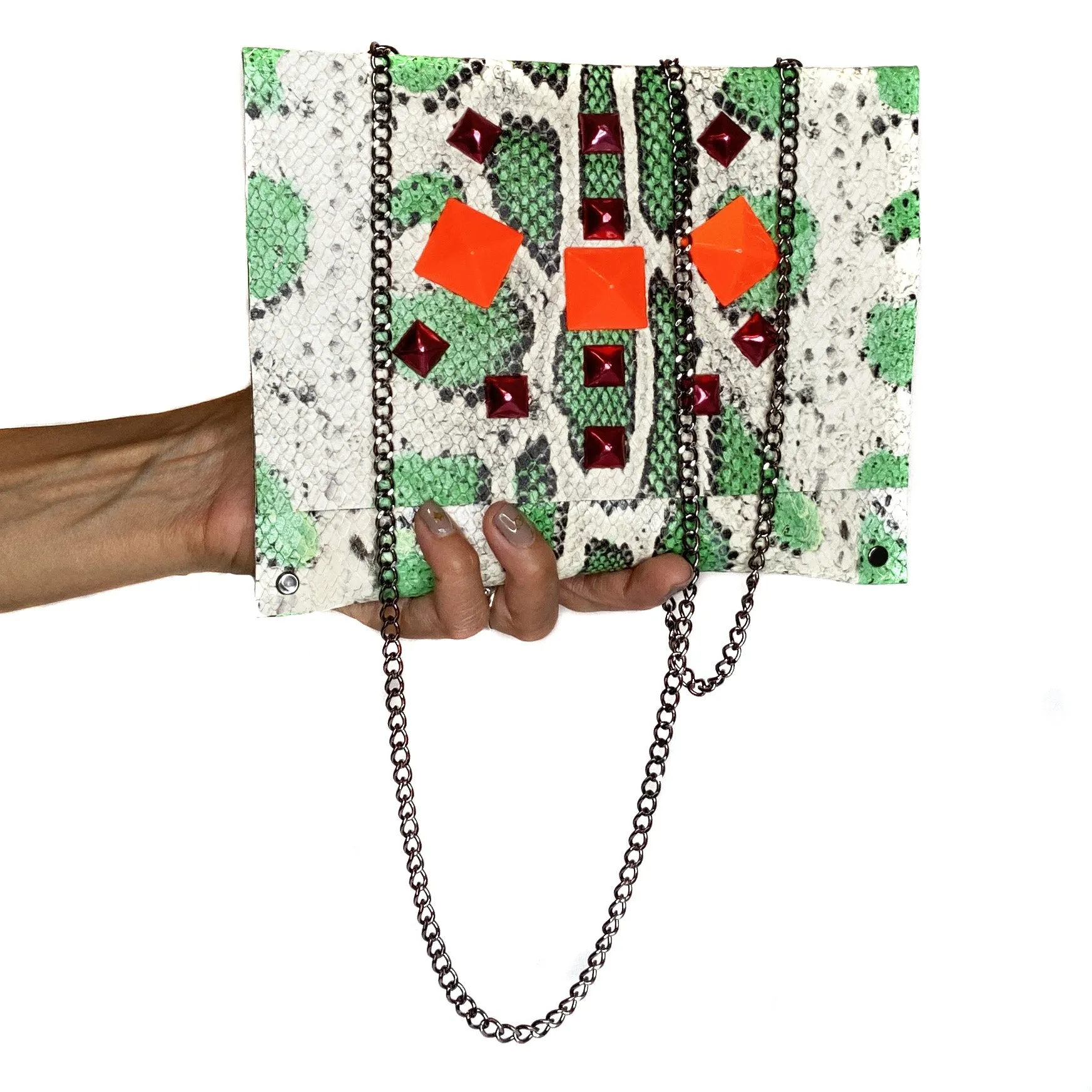Seafoam Green snake-print Studded Clutch