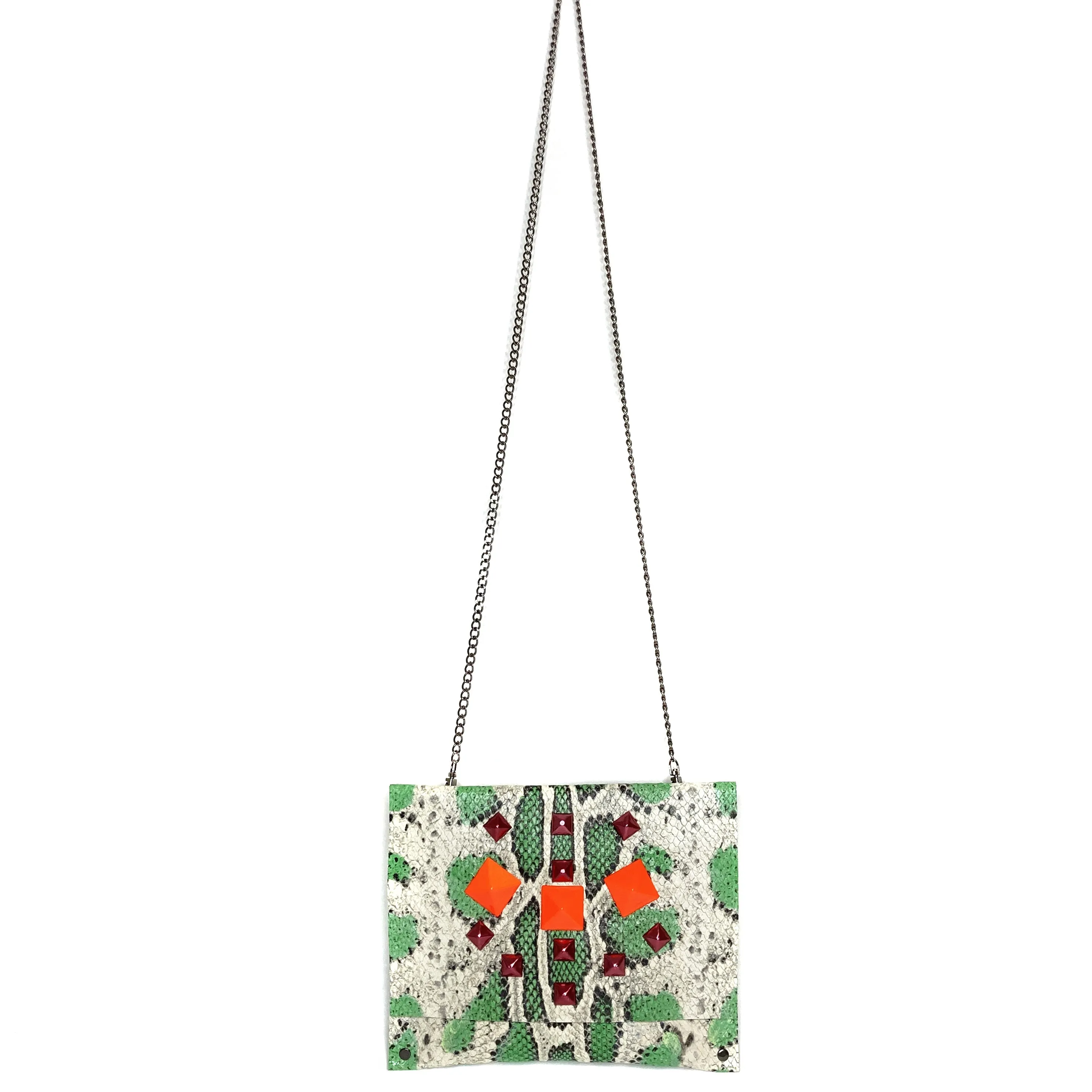 Seafoam Green snake-print Studded Clutch