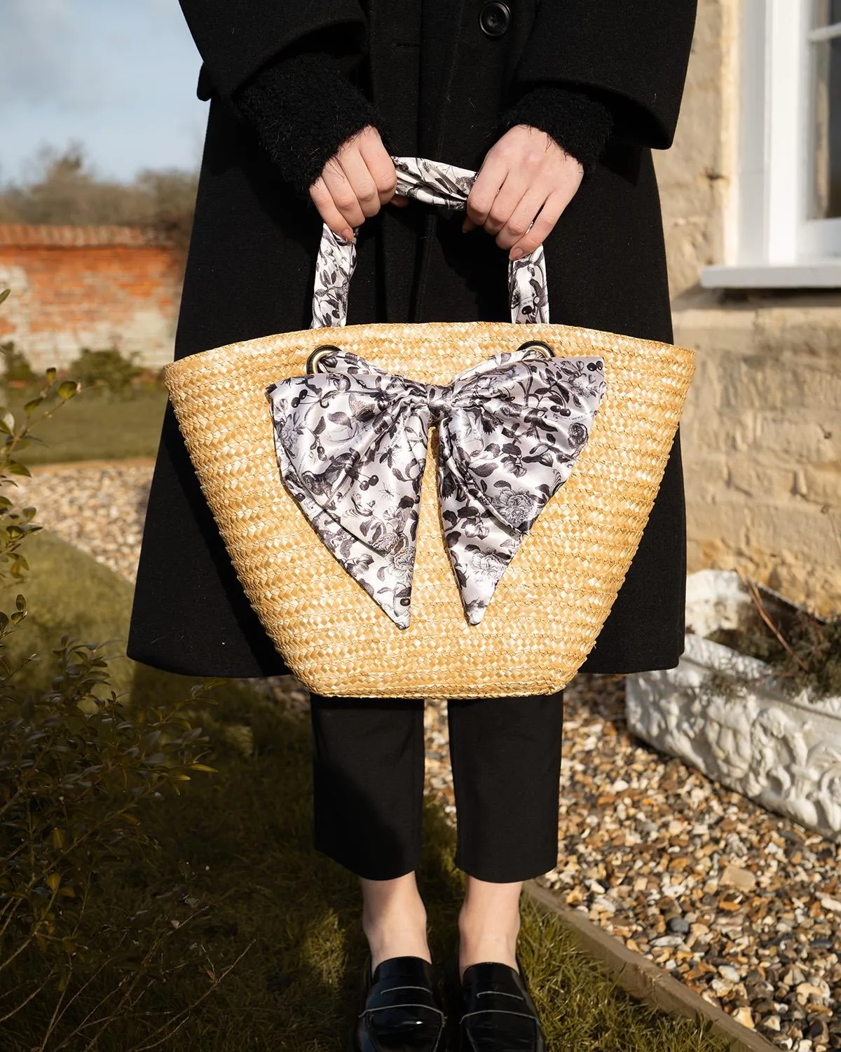Tree Of Life Monochrome Raffia Basket Bag