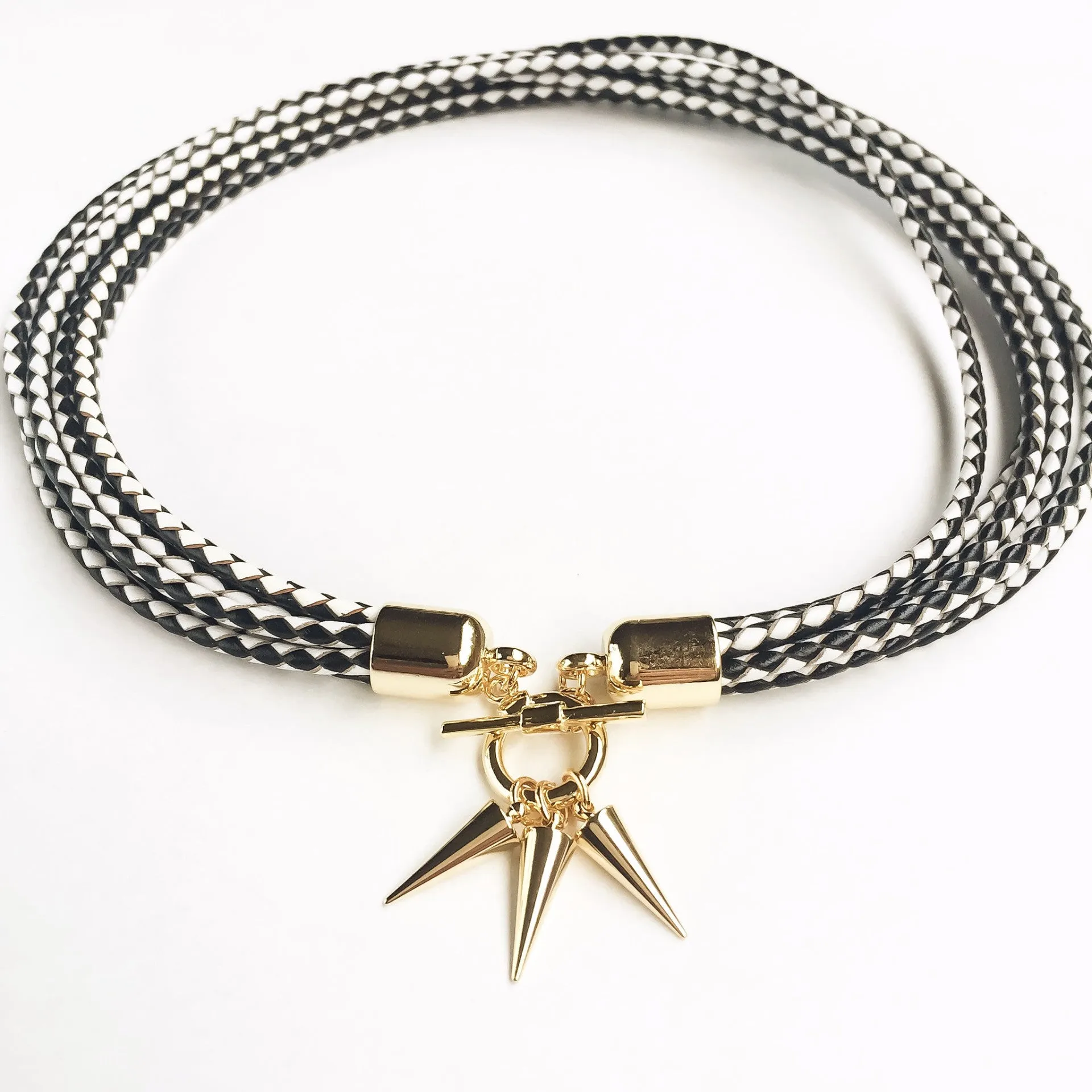 Two-in-one monochrome leather choker-double bracelet
